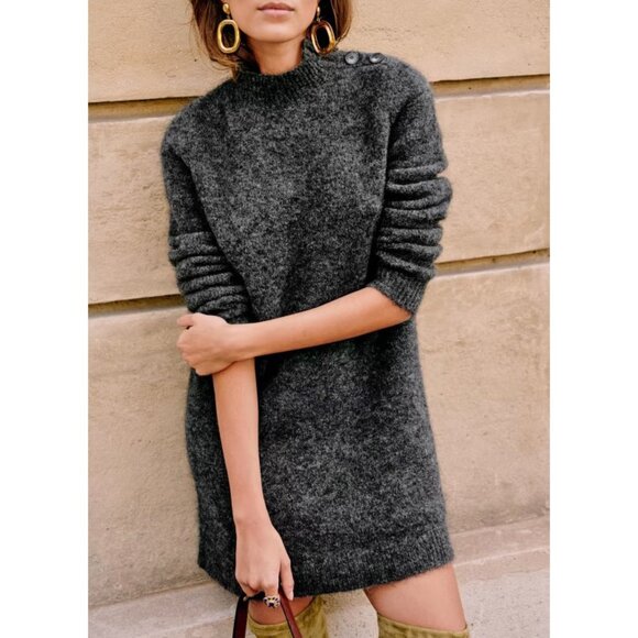 EUC Sézane Polly Wool Mohair Button Detail Sweater Dress Charcoal Grey XS - Picture 2 of 8